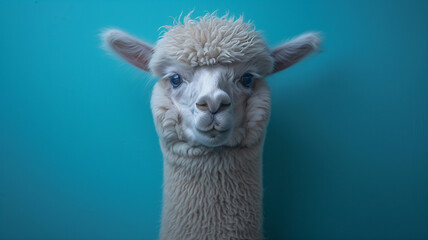 Obraz premium Alpaca Portrait: A charming white alpaca with captivating blue eyes stares directly at the camera.