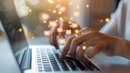 Person typing on a laptop with social media icons overlay, depicting online engagement and digital communication.