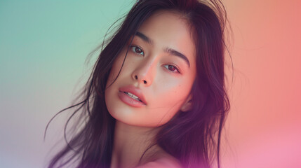 Portrait of a beautiful Asian model with a serene expression, standing gracefully against a soft pastel-colored backdrop with ample copy space.