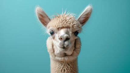 Obraz premium Alpaca Portrait: A fluffy alpaca with a curious expression stares directly at the camera against a vibrant turquoise background. The alpaca's soft fur and endearing features evoke warmth and charm.
