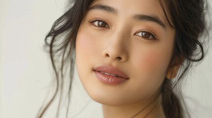 Fototapeta premium Close-up of a young Asian model with perfect makeup and a gentle smile, framed by a simple, neutral background that highlights her features.