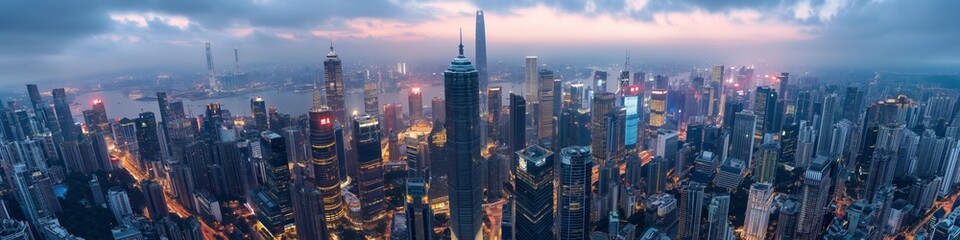 A skyline with towers and buildings in an urban downtown cityscape at night.
