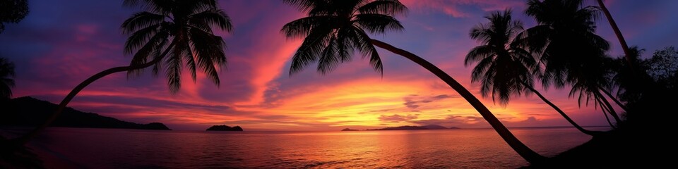 A dreamy paradise at sunrise with palm trees silhouetted against the colorful sky and ocean.