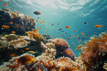 Obraz premium Aquatic ecosystem showcasing the diverse marine life and colorful coral formations in the ocean.