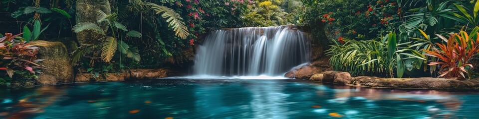 Fototapeta premium An idyllic panorama featuring the purity of a waterfall amid a tranquil rainforest setting.