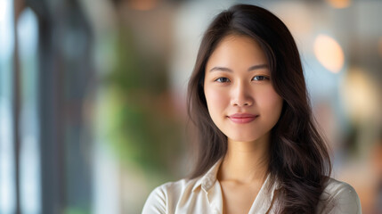 Fototapeta premium Radiant young Asian woman with a captivating smile, posing elegantly in front of a blurred background that leaves room for copy space.