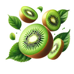 Fototapeta premium Floating Kiwis and Slices with Green Leaves on Transparent Background