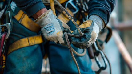 A close-up shot of a construction worker's hands as they attach a safety line to a secure anchor point. The worker is equipped with gloves, a harness, and a tool belt, emphasizing