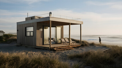 A small, modern beach house with an open floor plan and a rooftop deck overlooking the waves. .