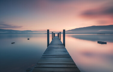 Obraz premium Serene Sunrise Pier: Wooden pier extending into a calm lake at dawn, misty mountains in the background, peaceful and tranquil scene. 