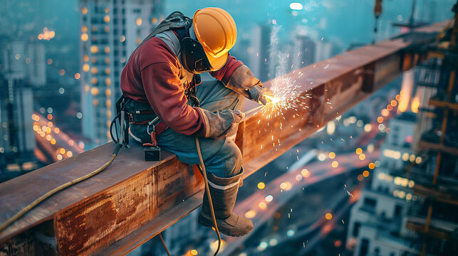 A construction worker performing welding tasks on a steel beam at height, fully secured with a safety harness and line. Sparks fly as the worker focuses on the task, with the city