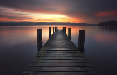 Fototapeta premium Wooden pier on calm lake at sunset