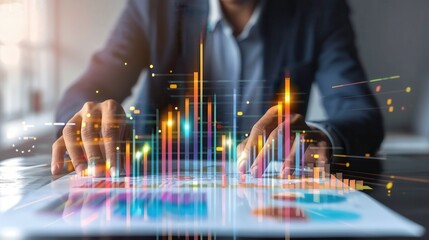 A professional analyzing data trends on a digital tablet with graphs and charts, representing modern business analytics.