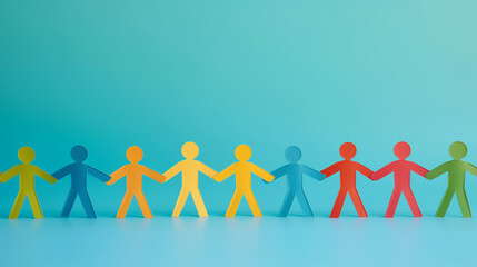 A chain of colorful paper cut out humans holding hands on a blue studio background, representing unity and diversity with each figure a different vibrant color. Row of diverse peop