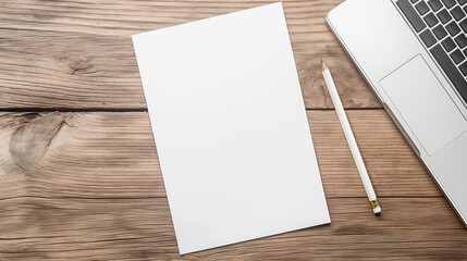 Top view of an empty blank white vertical resume paper document mockup template on a chic wooden office desk next to a high-end laptop notebook, with a pencil resting above. Busine
