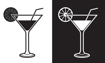 Wine Glass with vector straw and lemon. Wine Glass Icon, vector, silhouette. Cocktail glass symbol with lemon and straw vector, icon. Vector illustration.