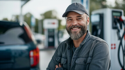 Middle-aged man with a beard, gas station employee in gray uniform and cap, smiling at the camera with a luxurious car and fuel pumps in the background.