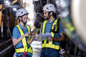 Obraz premium Engineer checking construction process railway and checking work on railroad station . Railway engineer checking machines in train station. Train engineer concept