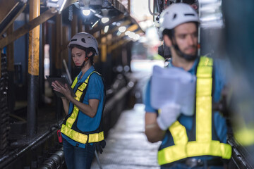 Engineer checking construction process railway and checking work on railroad station . Railway...