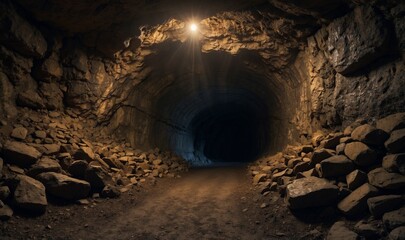 Dimly Lit Abandoned Tunnel With Rocky Walls And Ceiling