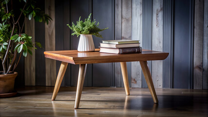 A beautifully styled hardwood table features a solitary, elegantly designed hardcover book mockup, perfectly positioned for a sophisticated product showcase.