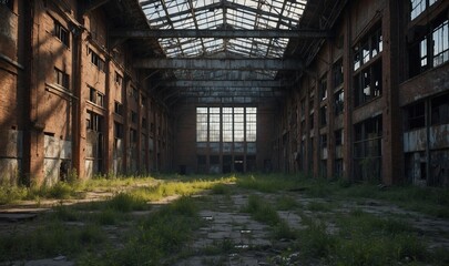 Large decayed warehouse with broken roof and empty space.