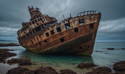 Rusted shipwreck on beach under stormy cloudy skies.