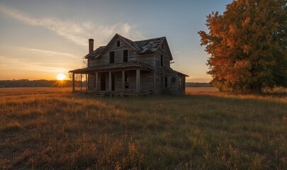 Fototapeta premium Abandoned rural house amidst golden field at sunset glow.