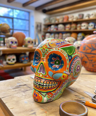 Fototapeta premium Colorful Handcrafted Sugar Skull in Artisan Workshop for Day of the Dead Celebrations.