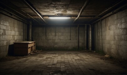 Dank, poorly lit basement with an old wooden cupboard