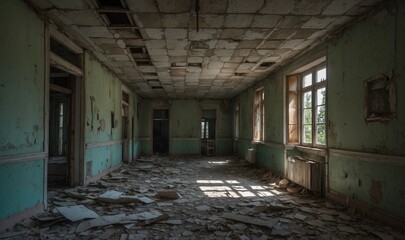 Fototapeta premium Large abandoned room with peeling green walls and debris.