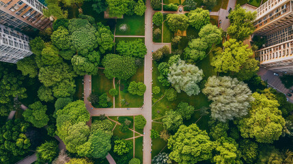 Beautiful green garden with trees and lawn grass in the city park surrounded in the style of modern buildings