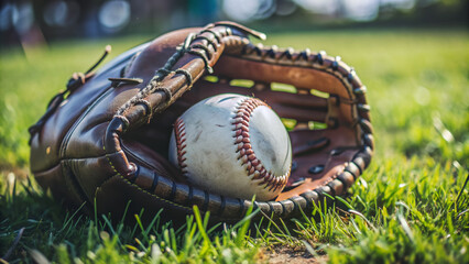 Worn leather baseball glove resting on lush green grass, holding a single pristine ball, amidst blurred background of multiple balls in motion.