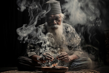 Fototapeta premium A traditional male magician or healer wearing a hat and robes. Witch doctor surrounded by mysterious fog performing magic. 