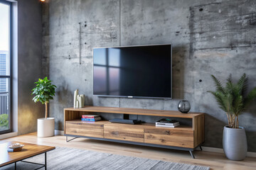 Modern loft-style living room featuring a sleek LED TV on a reclaimed wood TV stand with a digital TV box, against a rough cement wall backdrop.