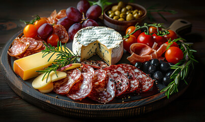 Gourmet Charcuterie Board with Assorted Meats, Cheeses, Fresh Fruits, and Vegetables for Elegant Appetizers in a Rustic Dinner Setting
