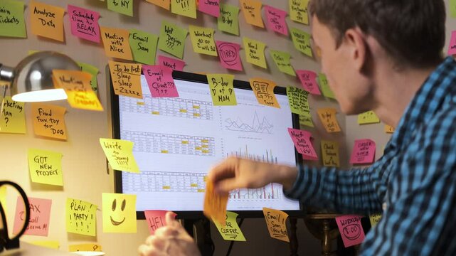 Young man adding colorful sticky notes on the screen of computer at desk in a work space surrounded by colorful papers. Time organization and planning concept