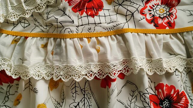 The intricately pleated bottom hem of a retroinspired apron made from vintage fabric and adorned with scalloped lace trim and contrasting bright yellow stitching.