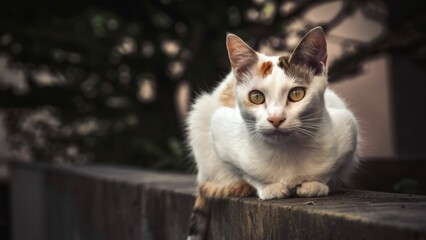 Obraz premium A cat with yellow eyes sitting on a ledge looking at the camera, AI