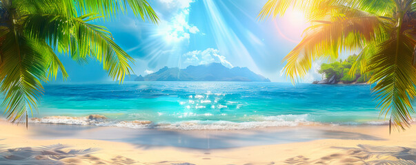 Idyllic Sunny Tropical Beach with Palm Leaves Overlooking Paradise Island, Crystal Blue Waters, and Vibrant Sky, Perfect for Relaxation, Summer Vacation, and Scenic Getaway