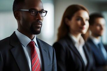 A confident professional stands in focus with a blurred background of peers, emphasizing the clarity and distinction of the ideal candidate.

