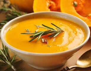 A bowl of creamy squash soup garnished with rosemary and paprika