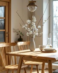 Close up of wooden dining table and chair near wooden door. Minimalist scandinavian home interior design of modern living room, Generative AI