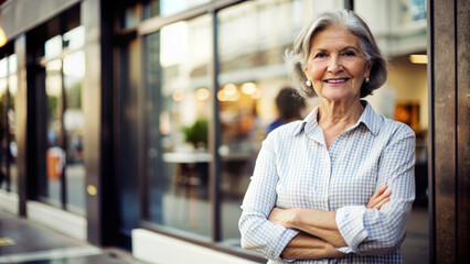 Fototapeta premium Elderly woman stands confidently with arms crossed outside a modern storefront, blurry background, natural light, and warm colors evoking a sense of optimism and independence.