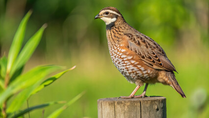 A solitary Northern Bobwhite quail stands alert on a rustic wooden fence post amidst lush greenery, showcasing its distinctive plumage and elegant demeanor.