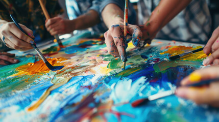Obraz premium Collaborative painting by multiple hands, using varied brushes and colors, forming an abstract piece. The hands are creatively engaged
