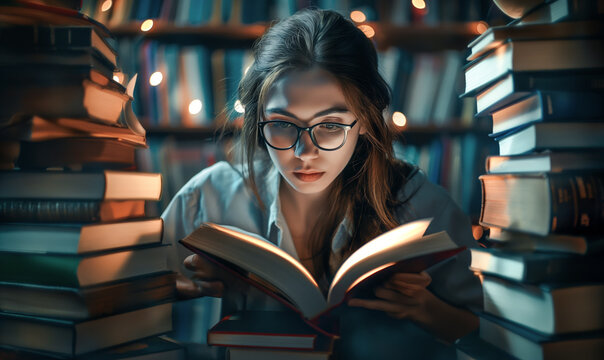 Young woman wearing glasses reading a book surrounded by stacks of books in a library at night.Education and learning concept.Knowledge Day, World Book Day