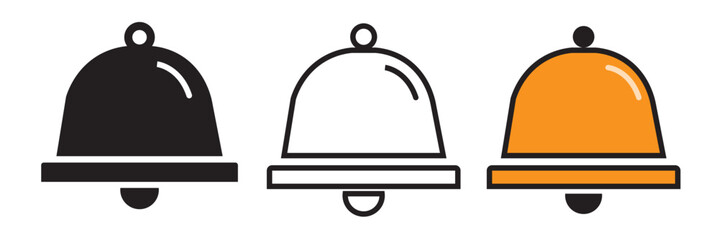 Bell ring icon set. alarm notification bell vector symbol. doorbell pictogram. phone warning notify sign in black filled and outlined style.