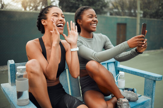 Women, athlete and tennis support with phone video, audience and match on outdoor court. Technology, social media and recording with happy, smile and yell for teamwork and motivation at competition