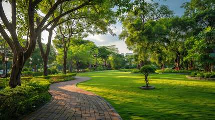 Obraz premium A green park with lawn, trees and winding paths leading to the city center in a tropical climate area of Thailand